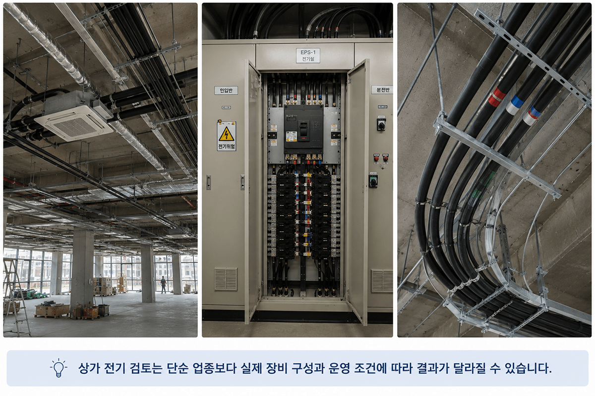 상가 전기용량 검토를 위한 공사 현장 천장 트레이 및 EPS실 메인 분전반 내부 모습