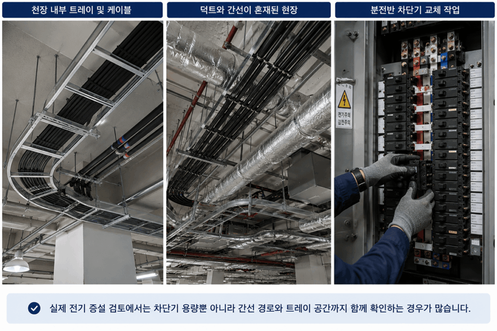 상업시설 매장 분전반 차단기 교체 작업 및 전기 간선 증설을 위한 천장 내부 케이블 트레이 확인