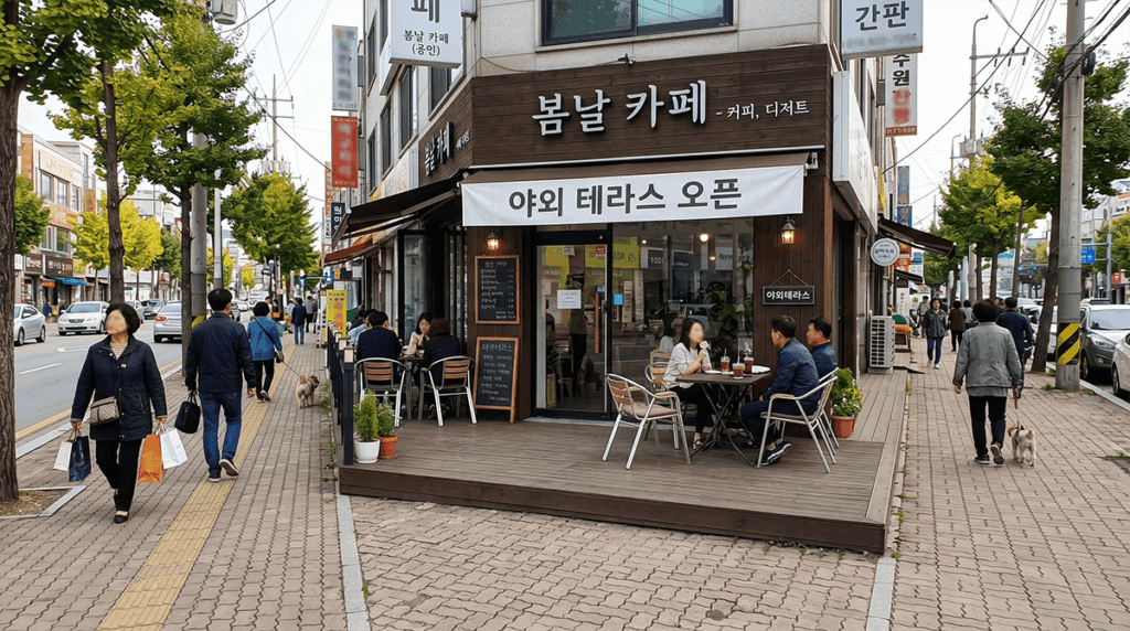 인도(보행로)와 상가 앞 대지 경계선이 애매하게 맞닿아 있는 실제 거리