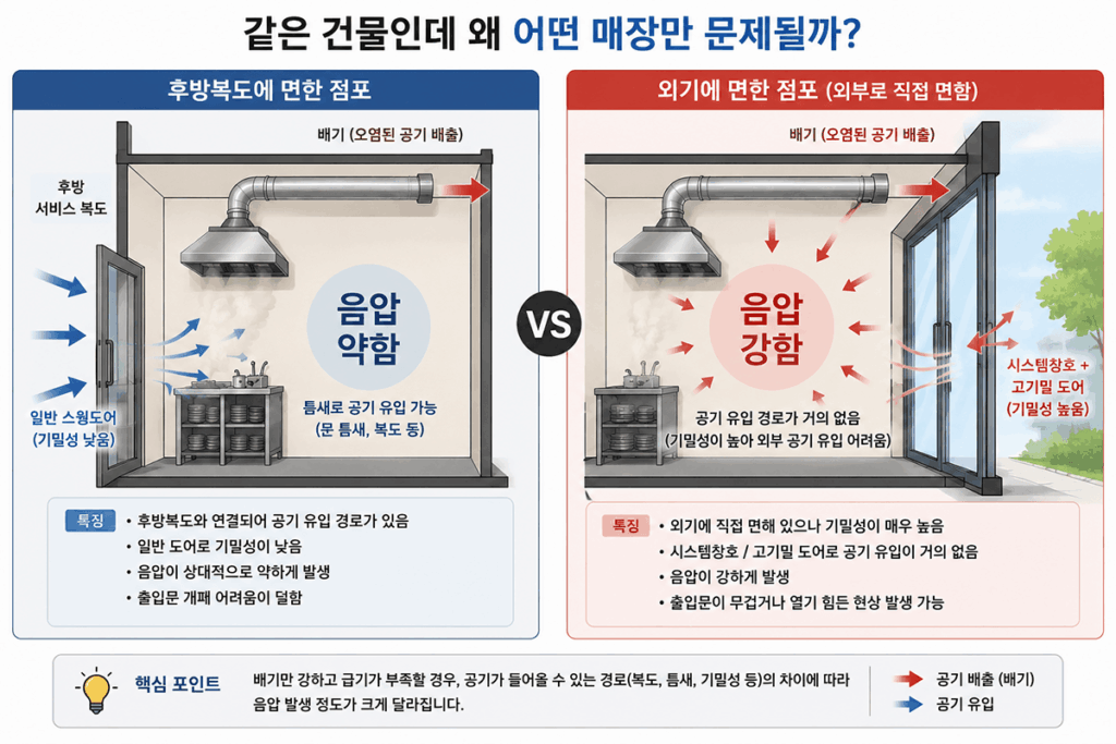 후방복도 점포 vs 외기면 점포 비교 개념도