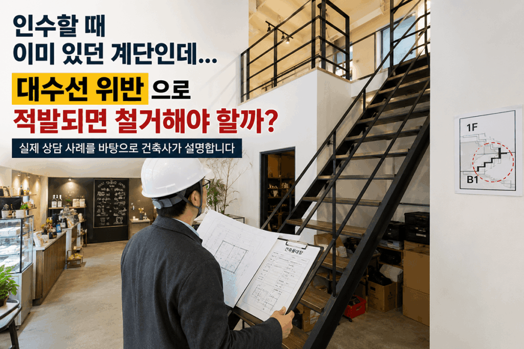 건축사가 상가 내부 계단과 위반건축물 현장 점검하는 모습