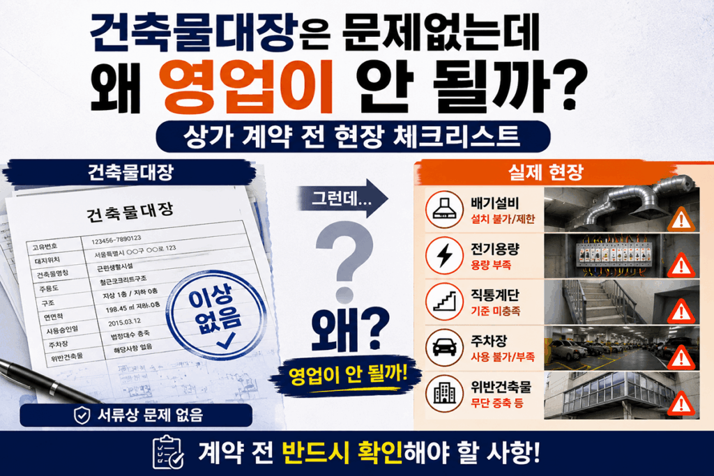 건축물대장 확인과 상가 현장 점검 체크리스트를 비교하는 이미지