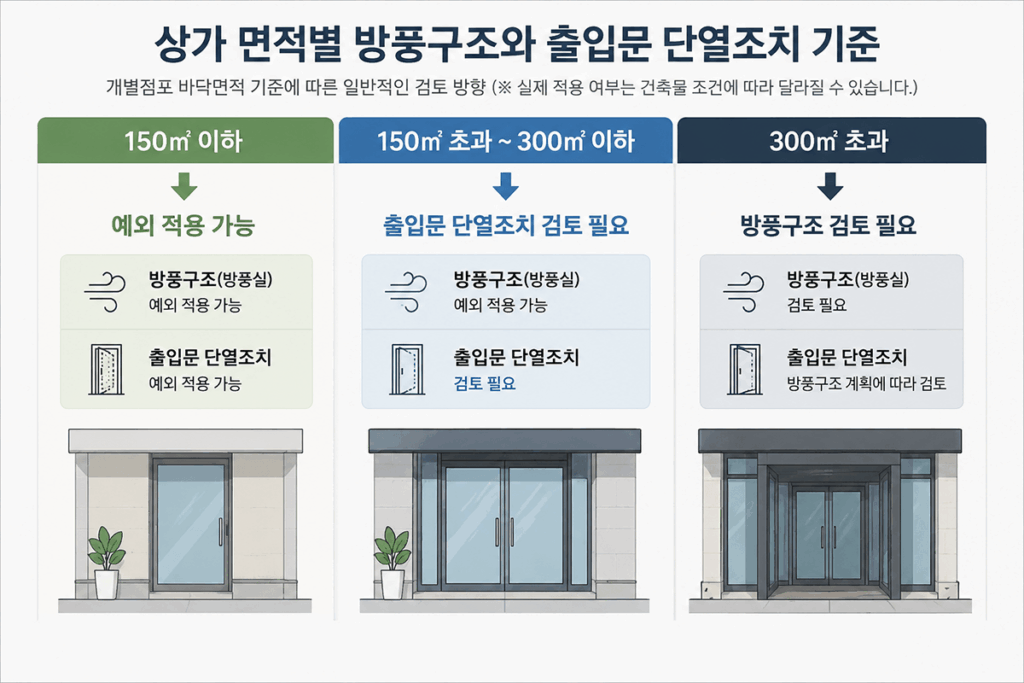 상가 면적별 방풍구조와 출입문 단열조치 기준 인포그래픽