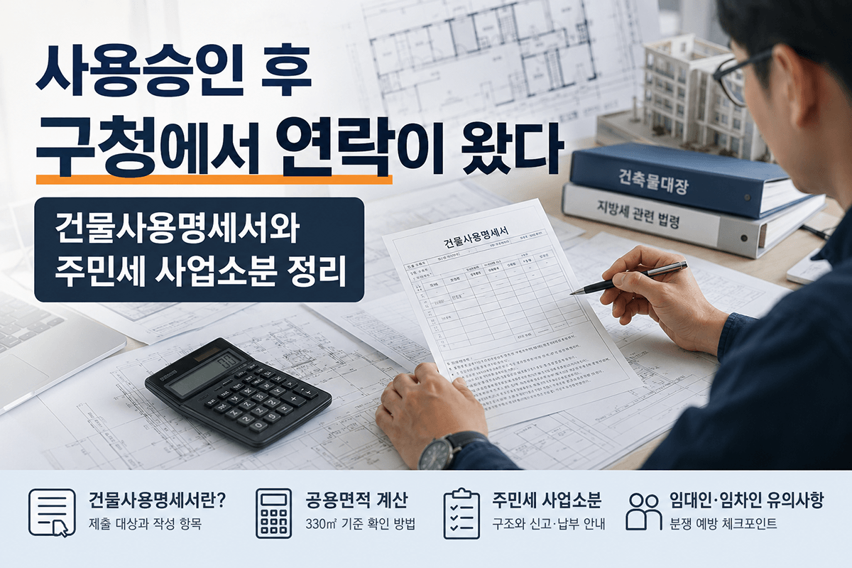 건물사용명세서 작성 서류를 검토하는 건축사와 주민세 사업소분 관련 행정 절차를 설명하는 대표 이미지