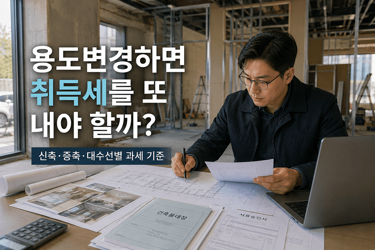 건축사가 사용승인 서류와 건축 도면을 보며 취득세 과세 여부를 검토하는 장면
