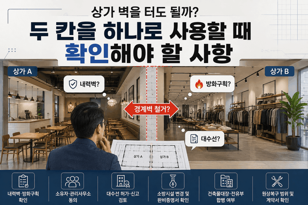 상가 두 칸을 합병 전 경계벽 철거와 내력벽, 방화구획, 대수선 여부를 검토하는 건축사