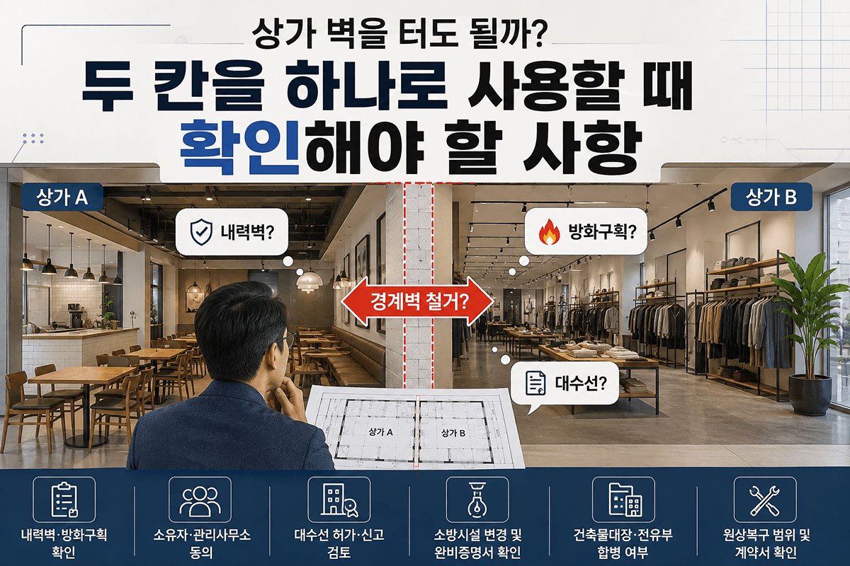 상가 두 칸을 합병 전 경계벽 철거와 내력벽, 방화구획, 대수선 여부를 검토하는 건축사